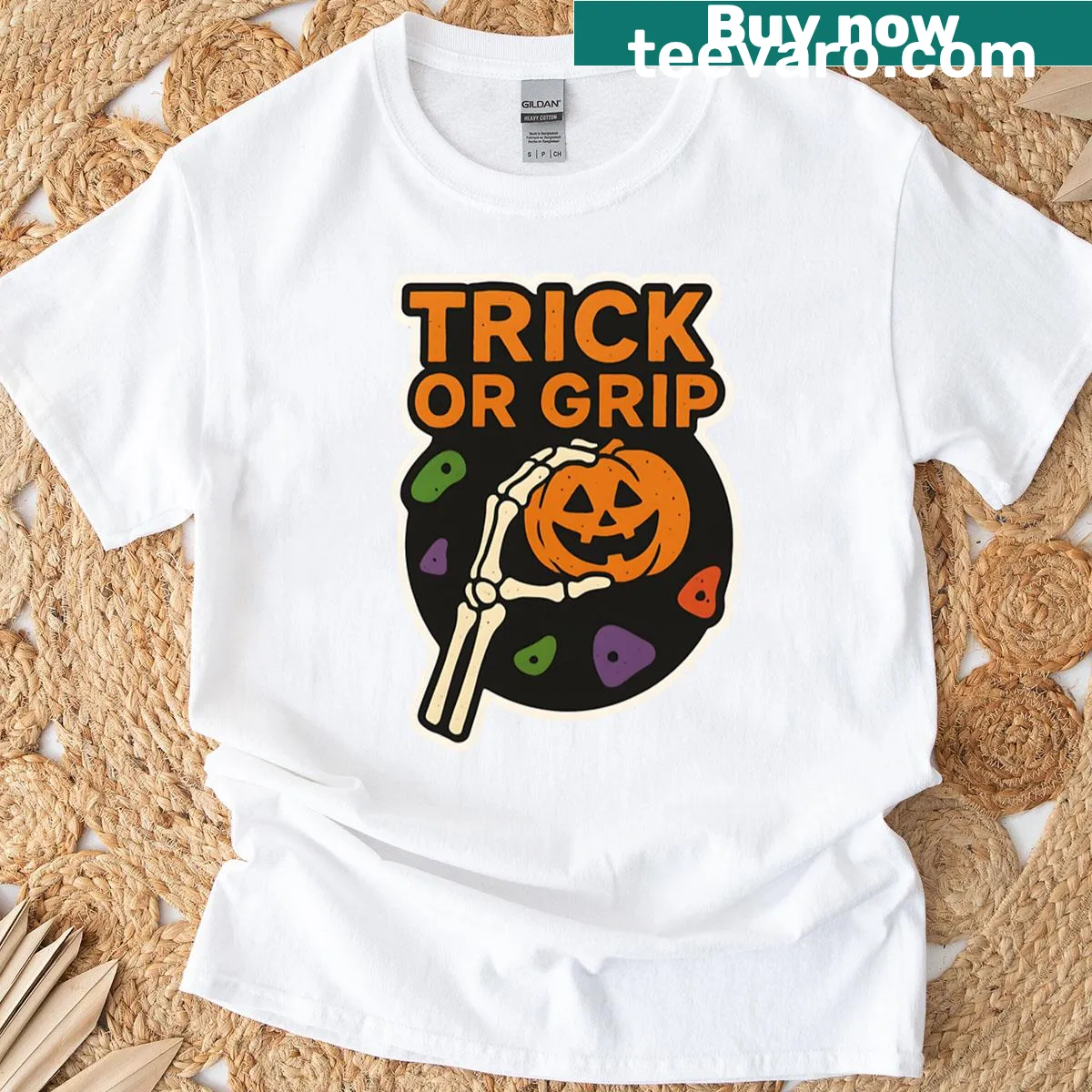 Cartoon skeleton on a climbing hold with Halloween theme — on a men's t-shirt