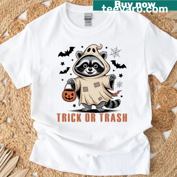 Humorous Halloween raccoon ghost illustration on T-shirt