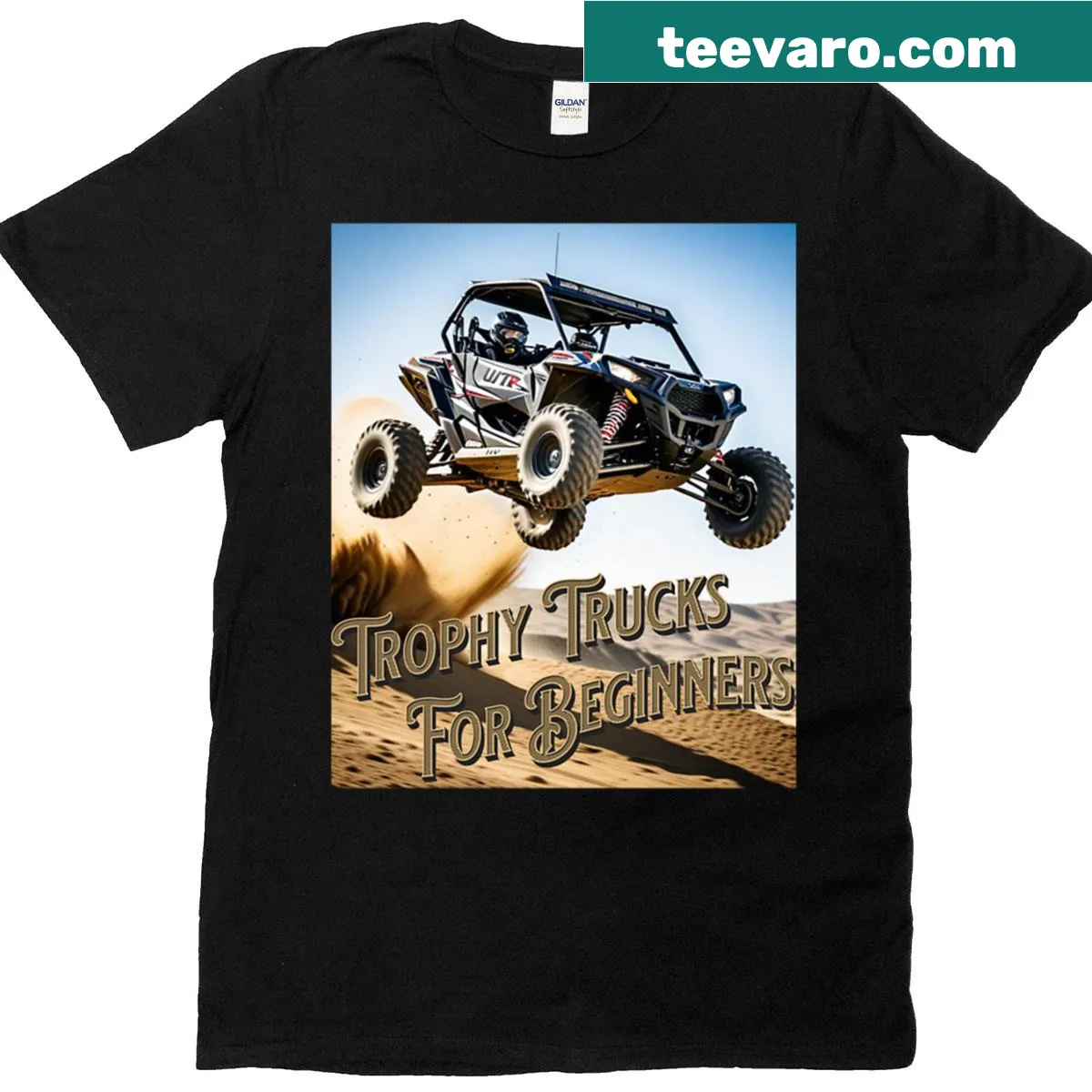 Cartoon-style Trophy Trucks T-shirt for beginners — on a men's t-shirt