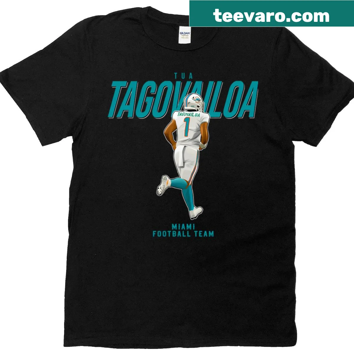 Miami football T-shirt featuring Tua Tagovailoa's number 1 — on a men's t-shirt