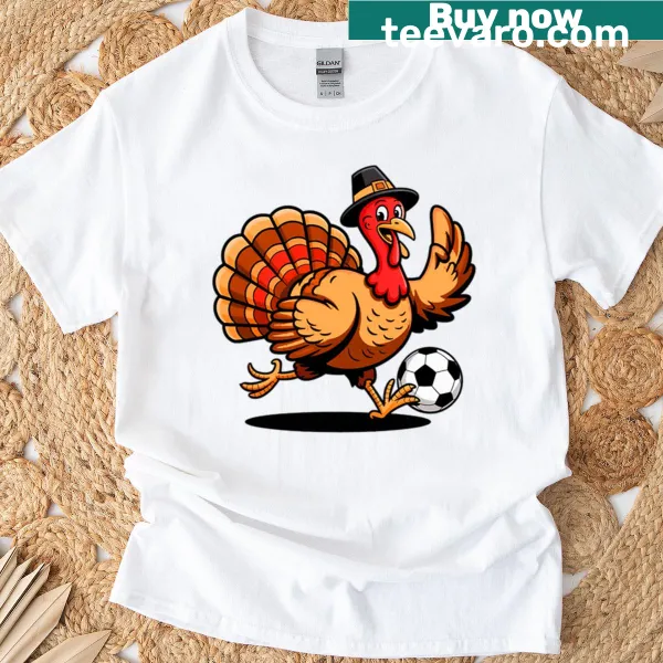 Playful turkey in soccer gear on a festive T-shirt