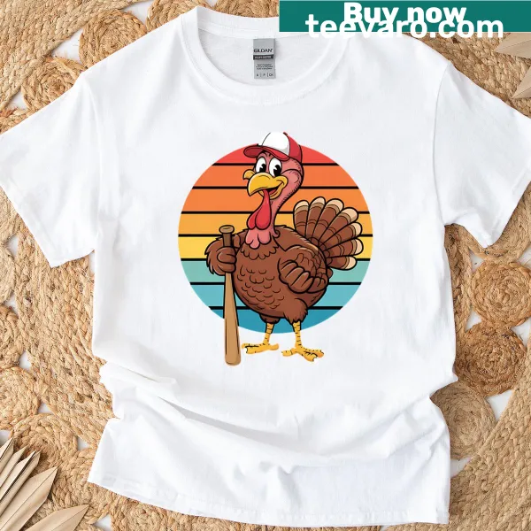 Illustrative tee of a turkey playing baseball for Thanksgiving
