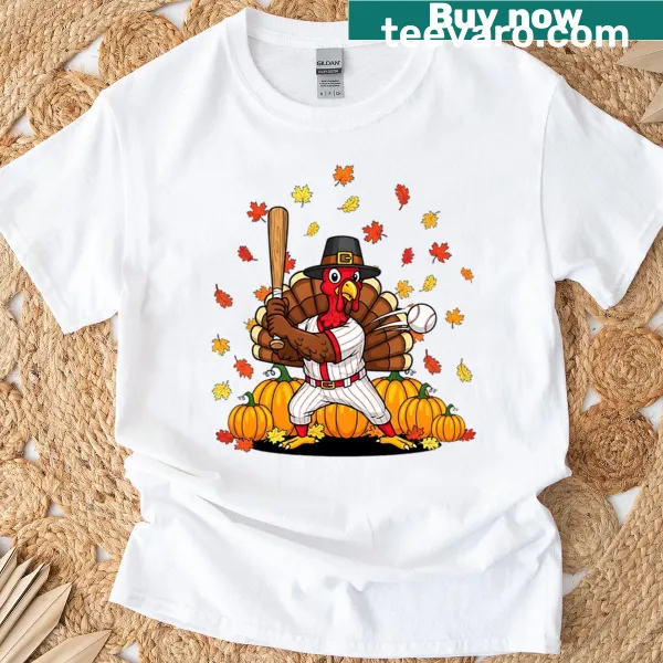 Cartoon turkey playing baseball for Thanksgiving themed t-shirt