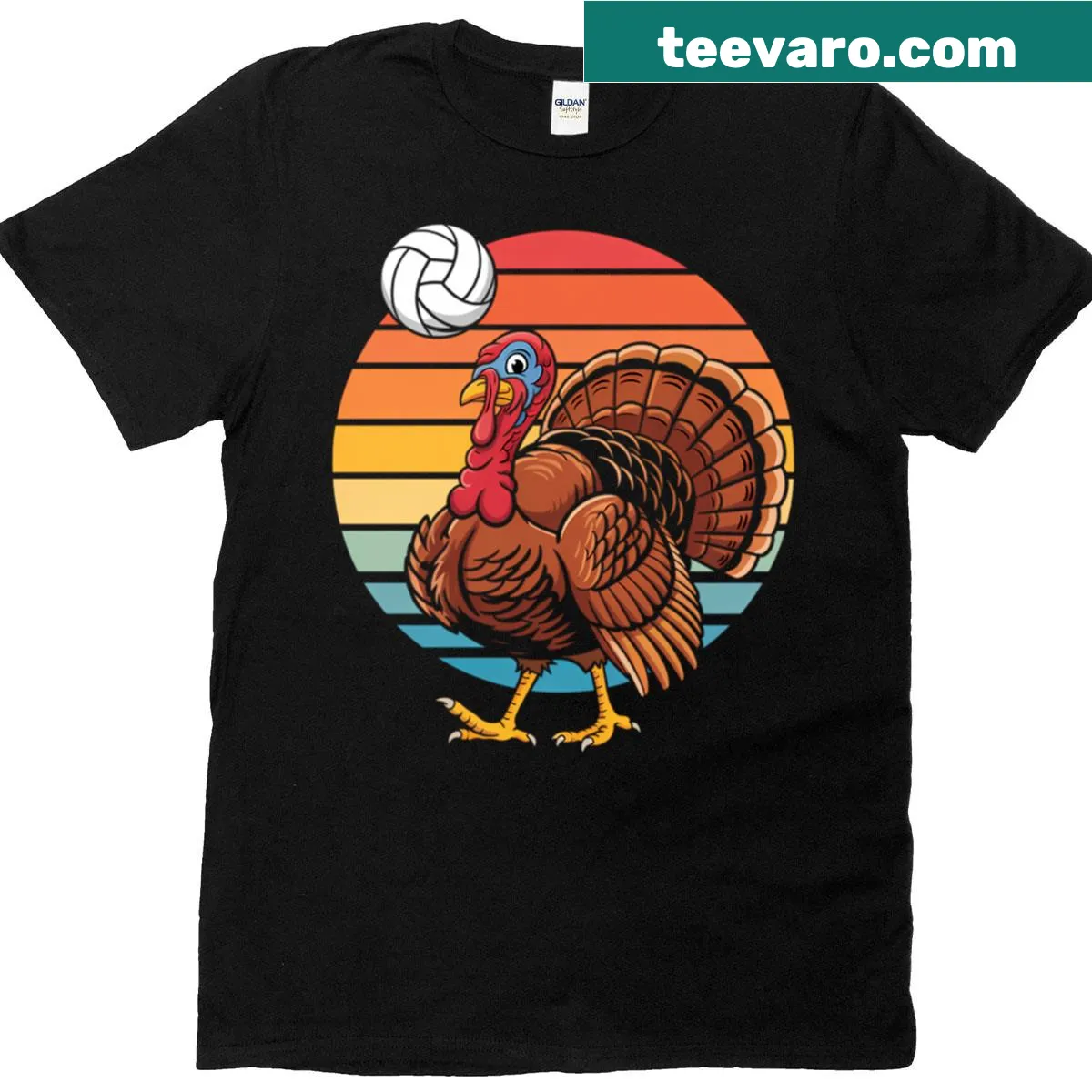 Playful Thanksgiving T-shirt with a turkey playing volleyball — on a men's t-shirt