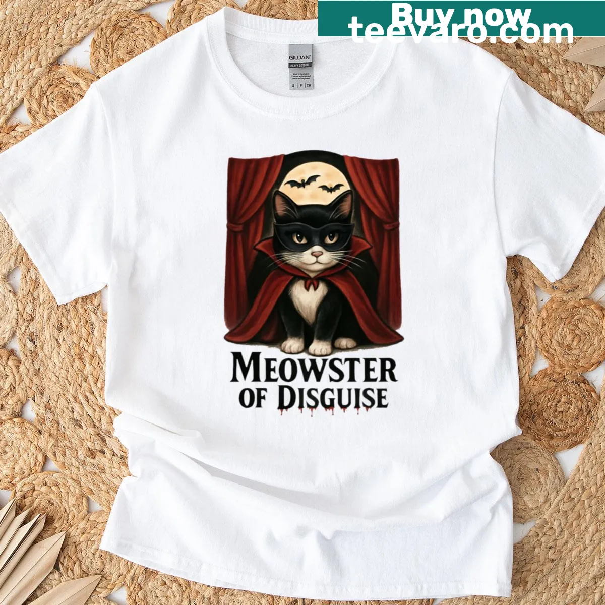Cartoon tuxedo cat in a vampire disguise with pun text — on a men's t-shirt