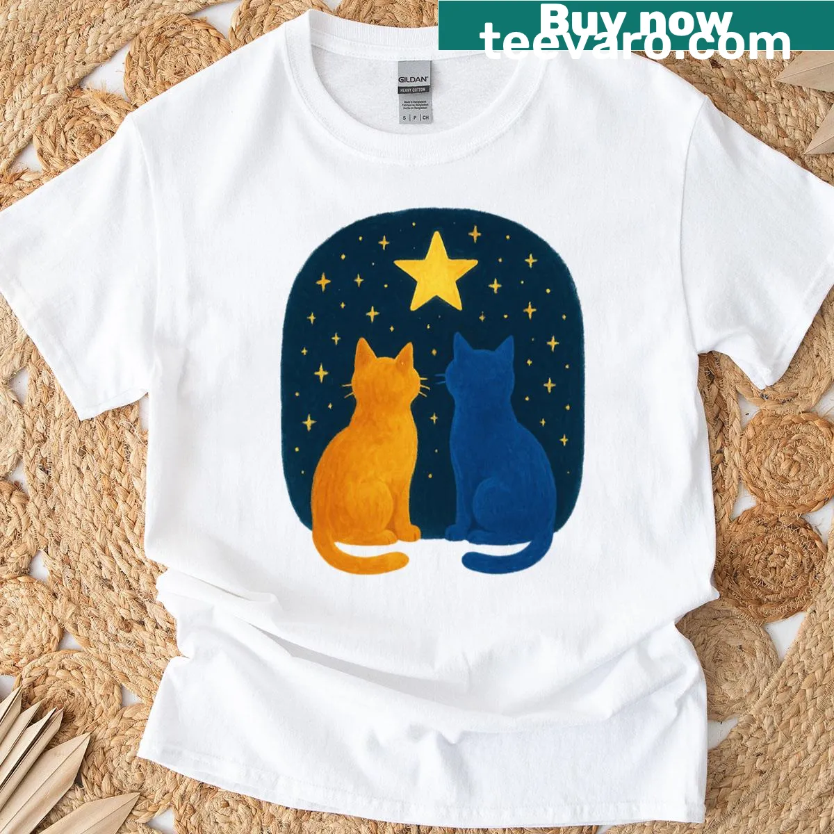 Illustration of two cats stargazing under the night sky — on a men's t-shirt