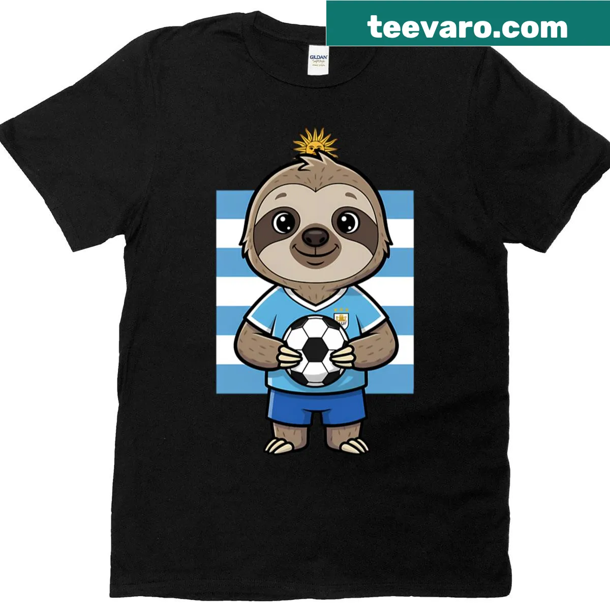 Soccer sloth mascot illustration with ball for Uruguay fans — on a men's t-shirt