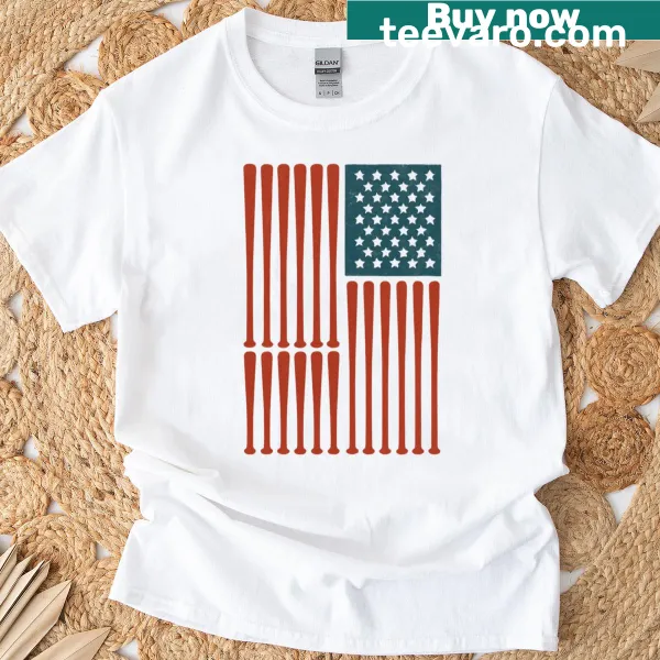 USA flag and baseball bats graphic on T-shirt