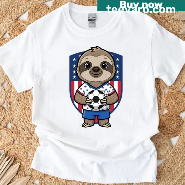 Playful T-shirt featuring a sloth as a soccer mascot in a fun design.
