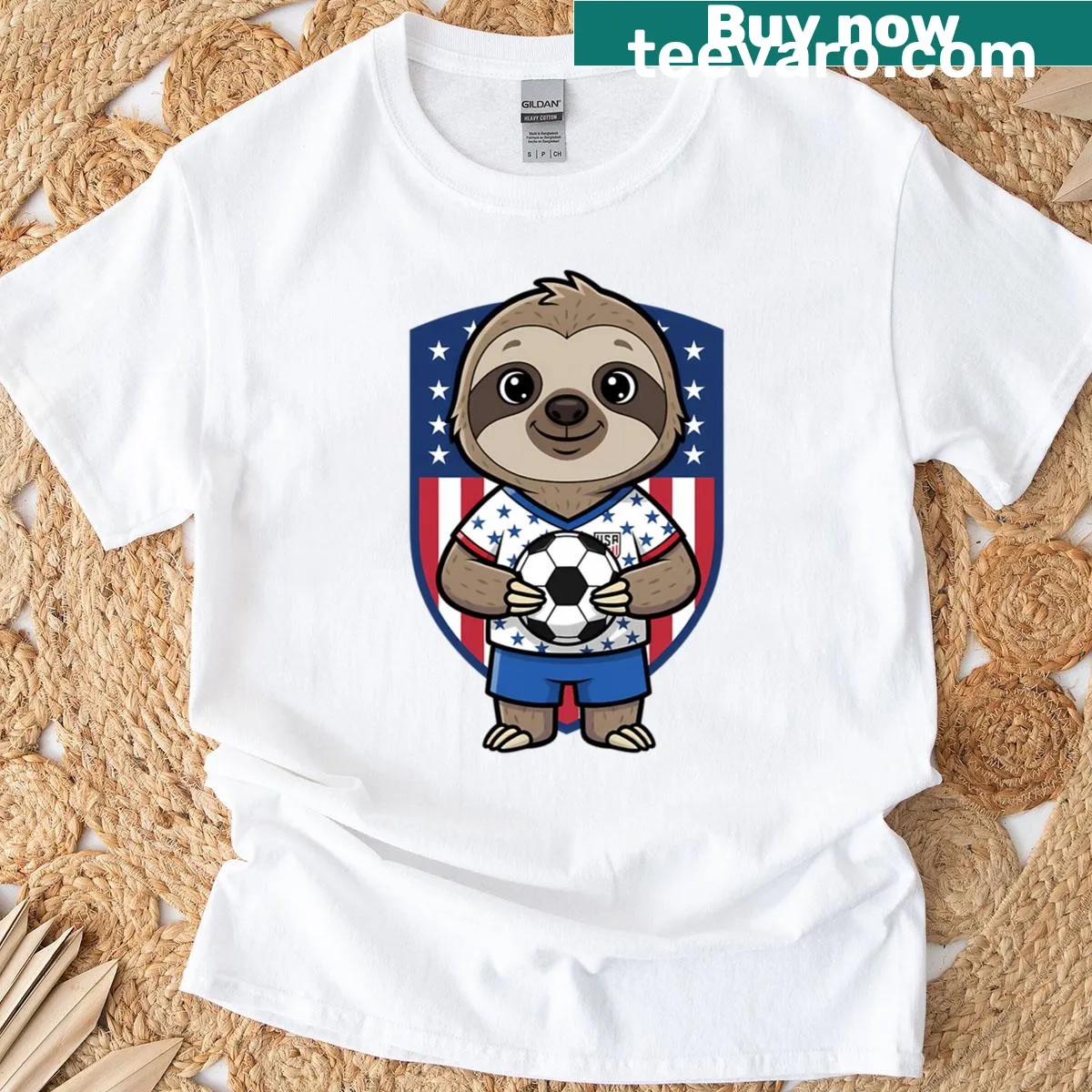 Playful T-shirt featuring a sloth as a soccer mascot in a fun design. — on a men's t-shirt