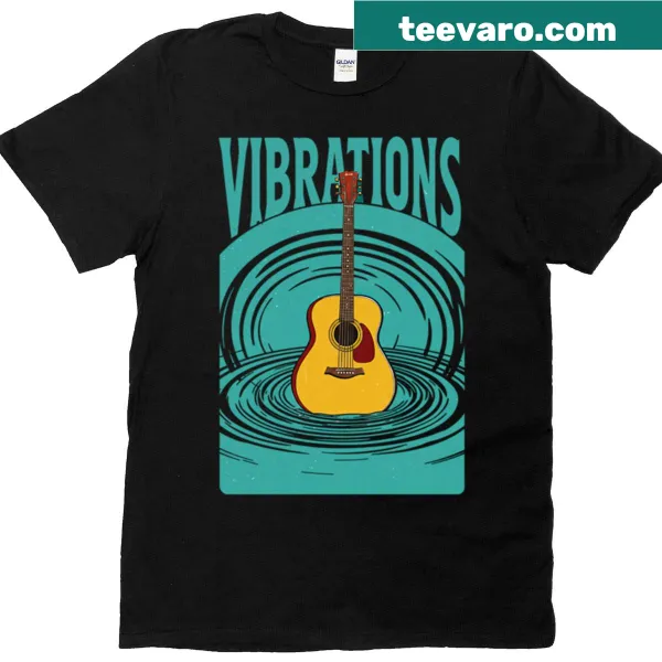 Illustrated T-shirt featuring an acoustic guitar and sonic swirls