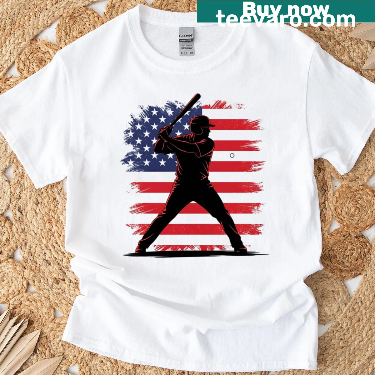 Vintage baseball graphic overlaid on an American flag t-shirt — on a men's t-shirt