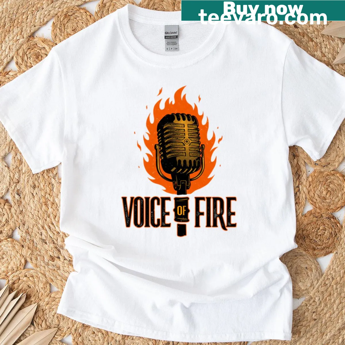 Vintage microphone graphic surrounded by flames on T-shirt — on a men's t-shirt