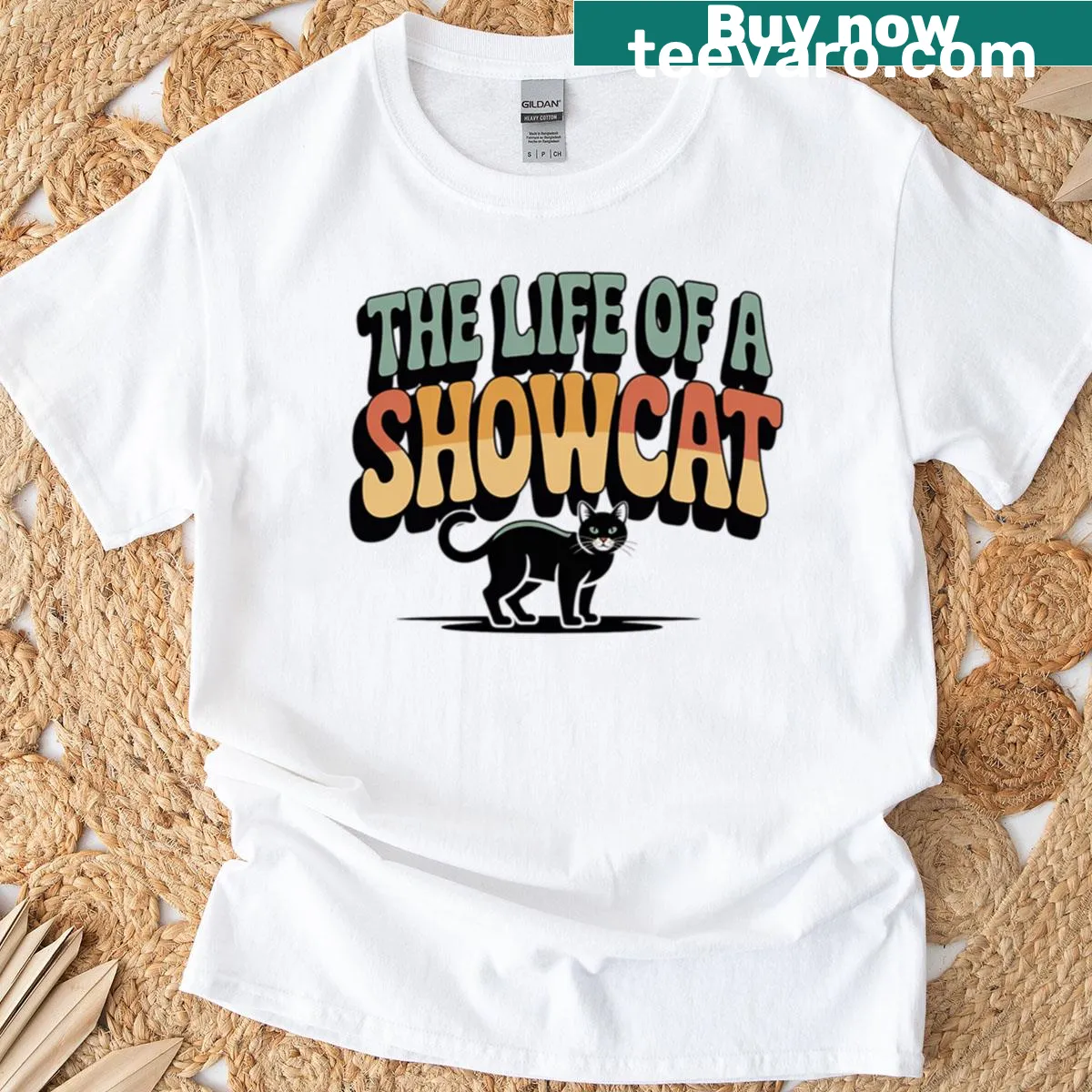 Illustration of a glamorous showcat on a vintage-style t-shirt — on a men's t-shirt