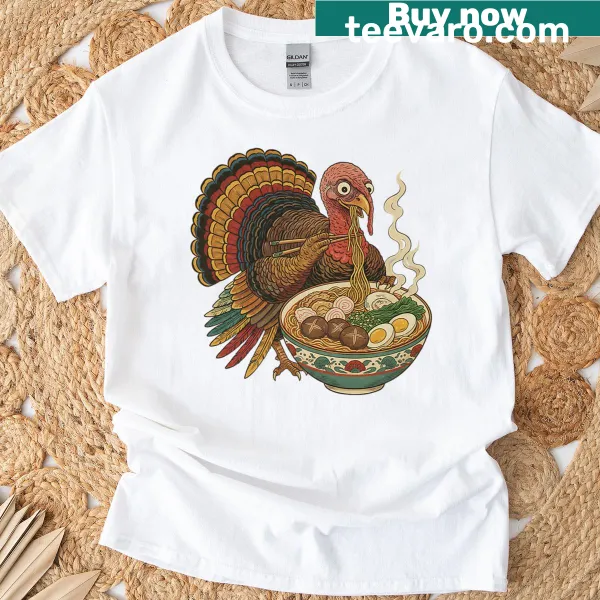 Whimsical turkey eating ramen graphic on a vintage-style t-shirt