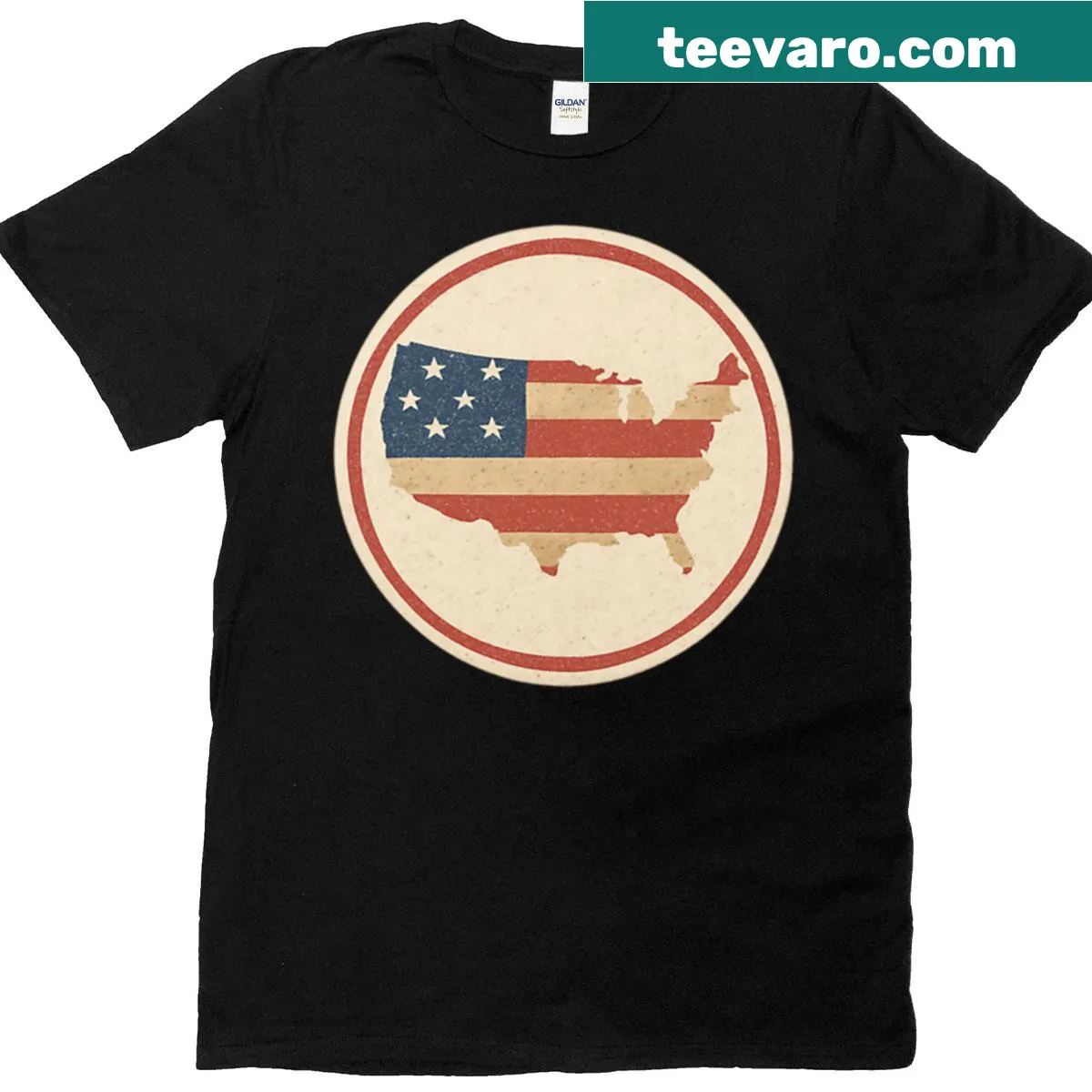 Vintage USA map and flag design on patriotic t-shirt — on a men's t-shirt