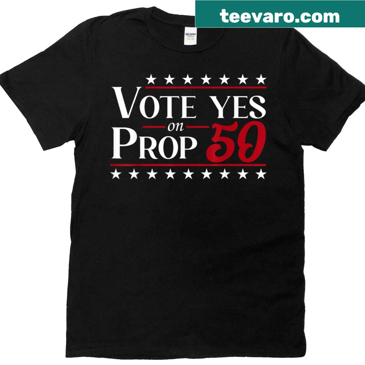 Distressed vintage t-shirt promoting voting with Prop 50 text — on a men's t-shirt