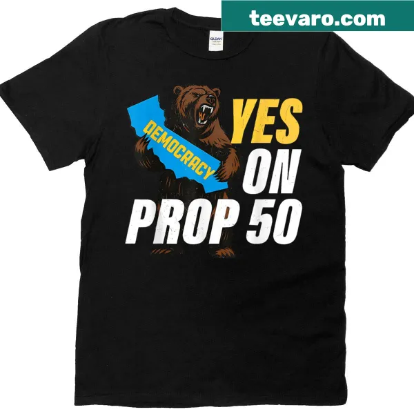 Patriotic t-shirt featuring vintage Yes On Prop 50 text with American flag