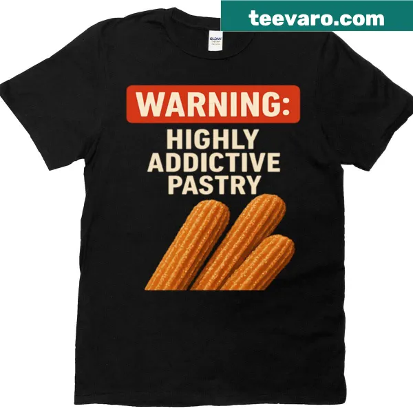 Humorous pastry-themed T-shirt with a warning graphic.