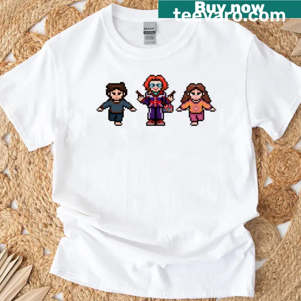 Pixel art weapons graphic on T-shirt