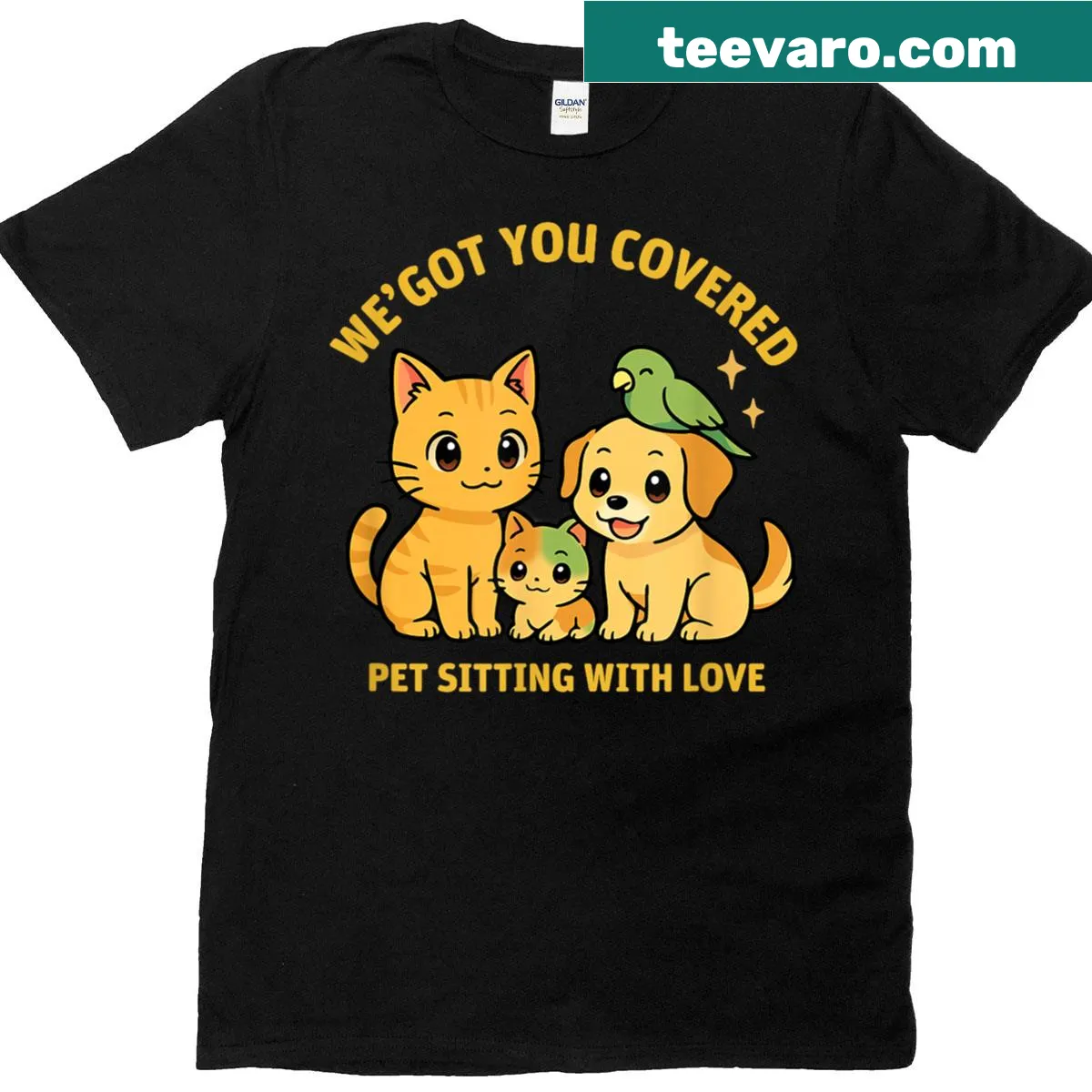 Cute pet sitting t-shirt featuring a cat, dog, and parrot illustration — on a men's t-shirt