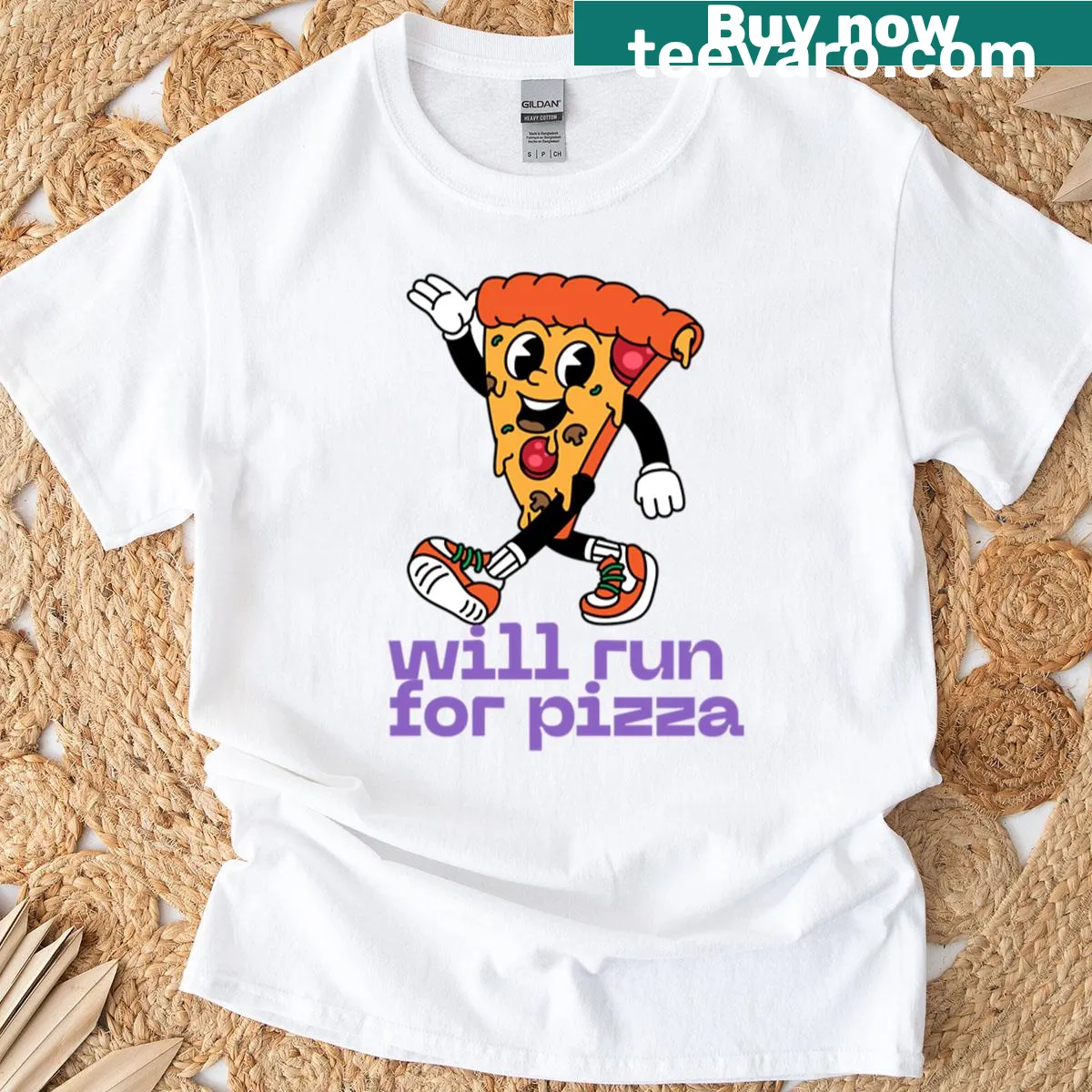 Retro mascot design of a character running for pizza on a t-shirt — on a men's t-shirt