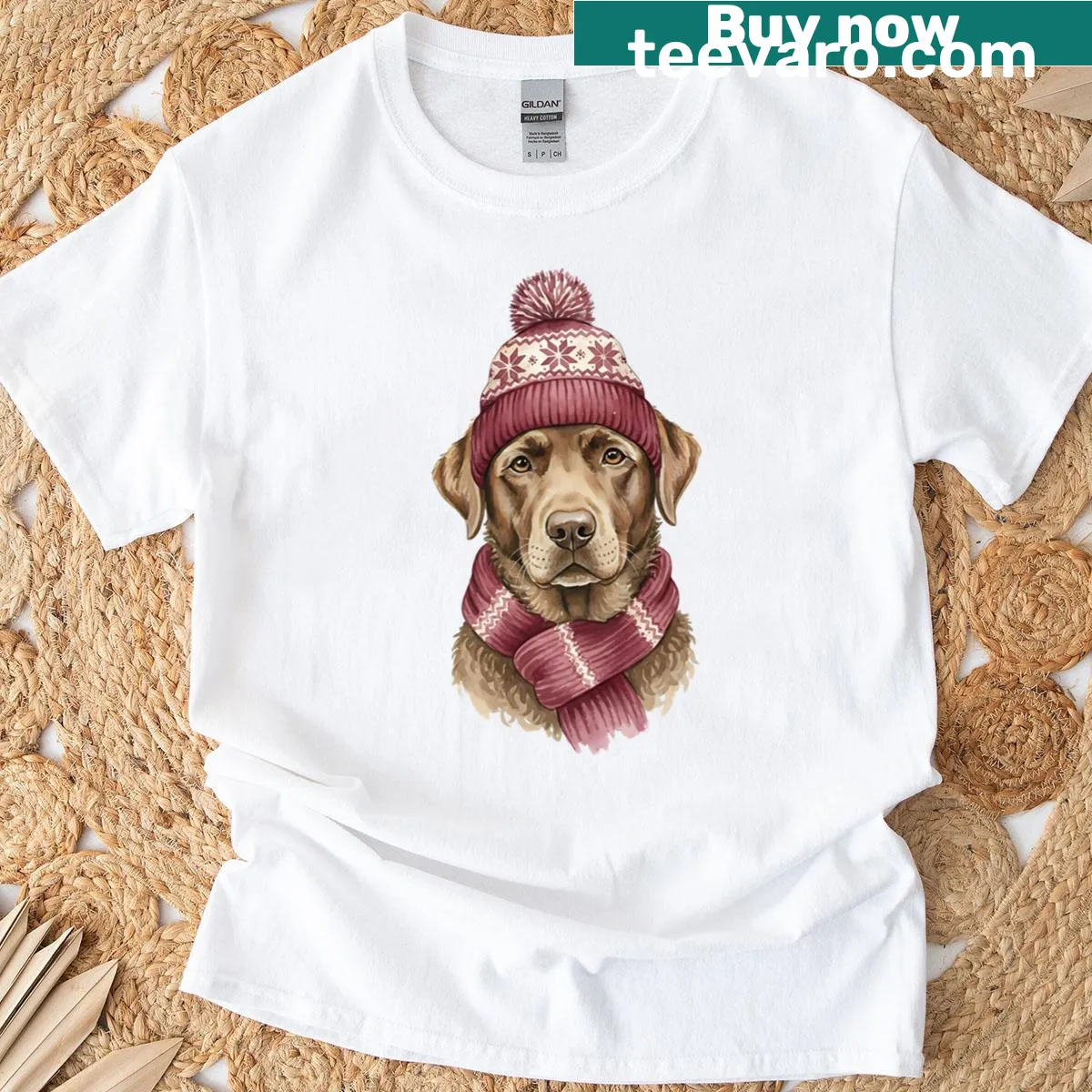 Illustration of a chocolate Labrador wearing a hat and scarf — on a men's t-shirt