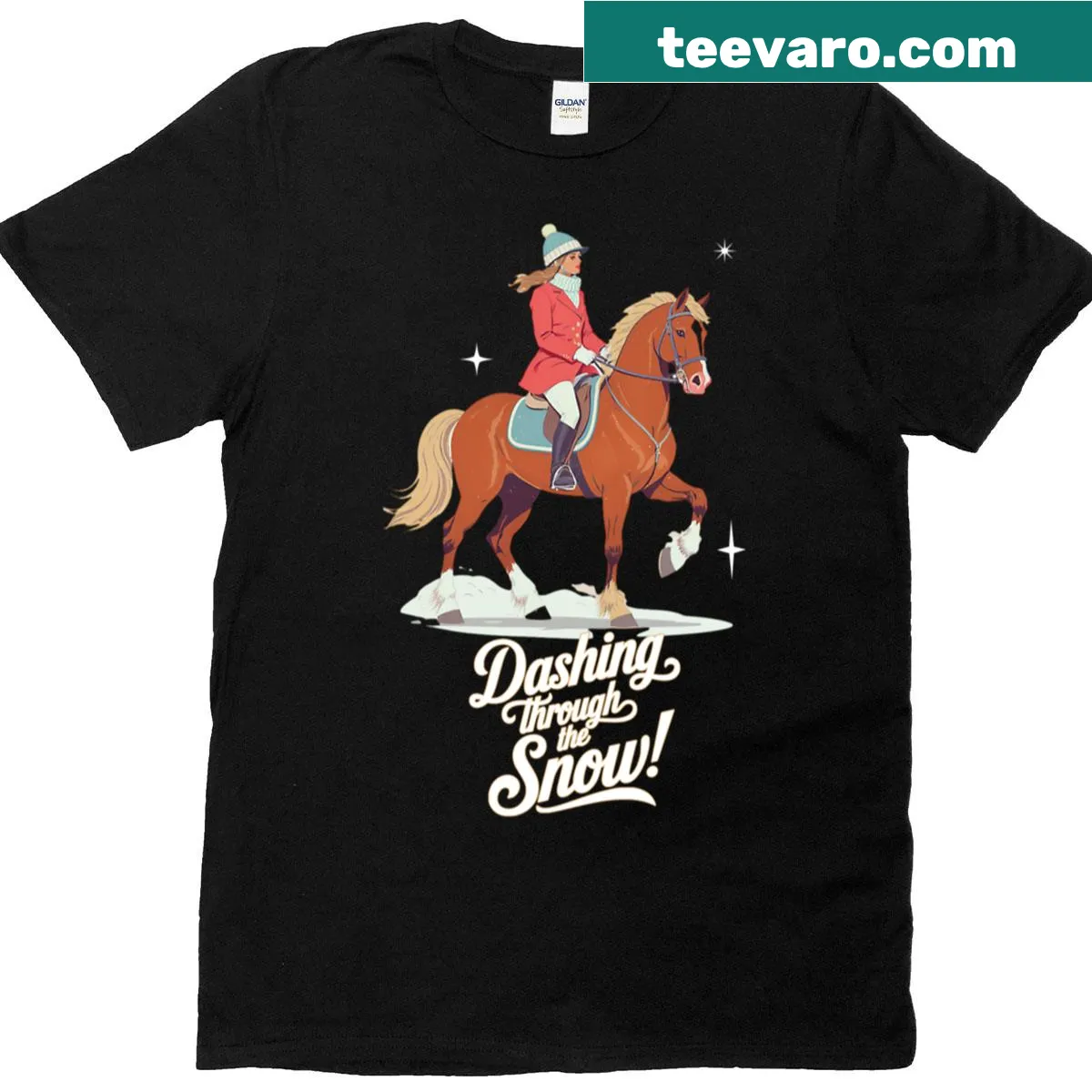 Winter equestrian t-shirt featuring horses in a snowy scene — on a men's t-shirt