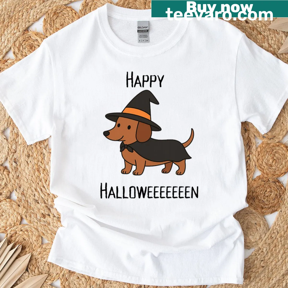 Cartoon of a dachshund in a witch hat on a T-shirt — on a men's t-shirt