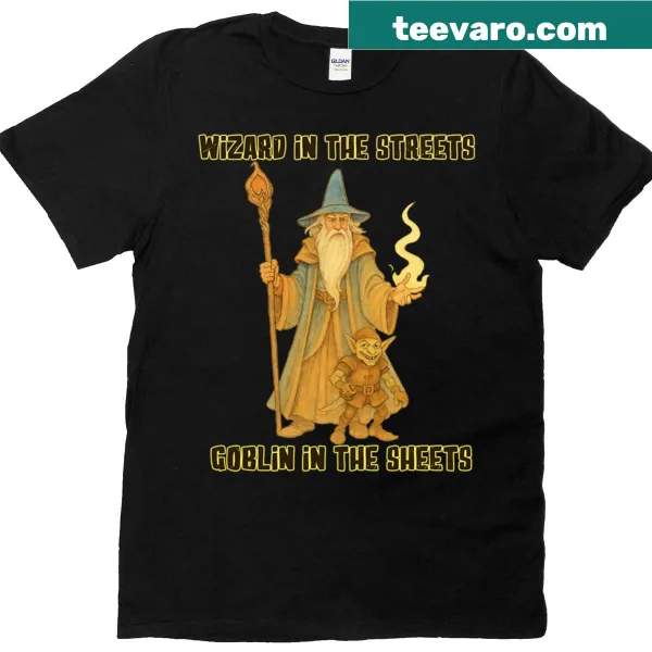 Vintage distressed t-shirt with a wizard and goblin graphic in humorous design