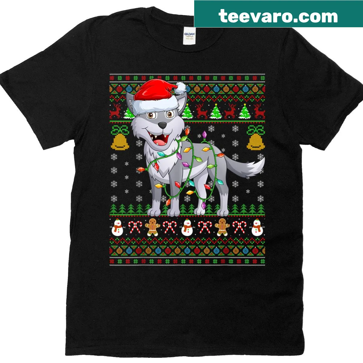 Funny Christmas t-shirt featuring a wolf dressed as Santa with lights — on a men's t-shirt