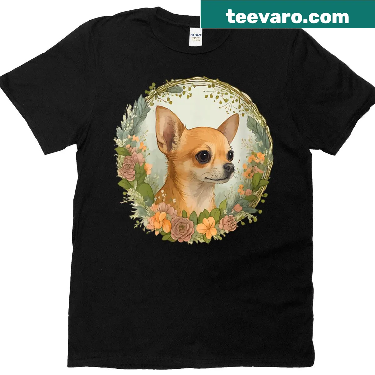 Cute Chihuahua floral wreath design on vintage-style t-shirt — on a men's t-shirt