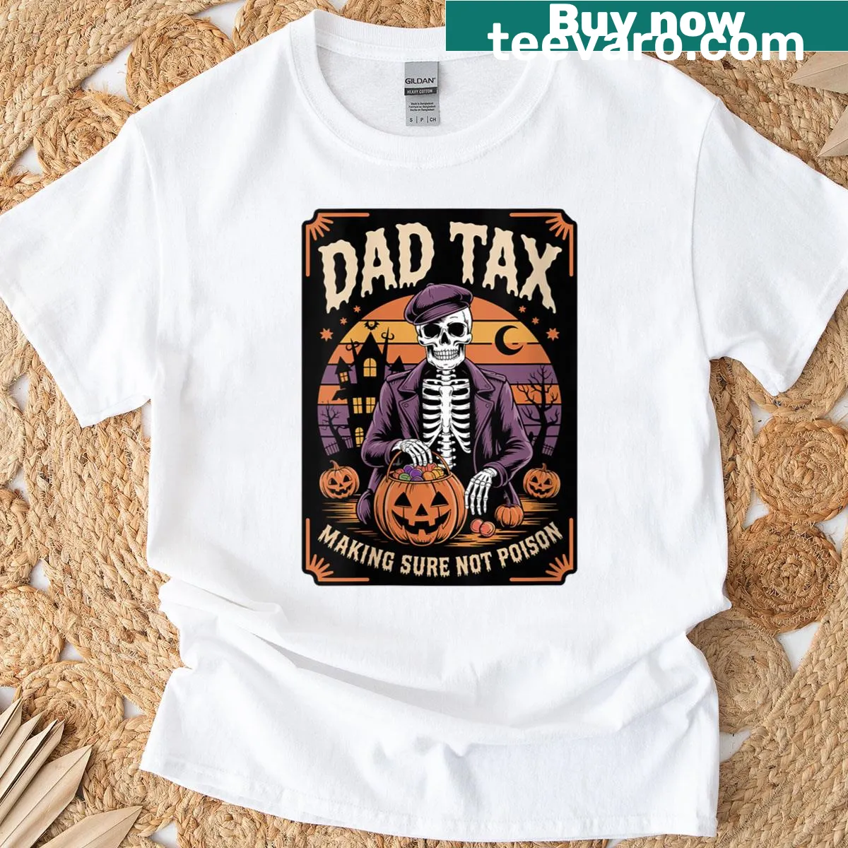Funny Halloween shirt with pumpkin, skeleton, and 'Dad Tax' text — on a men's t-shirt