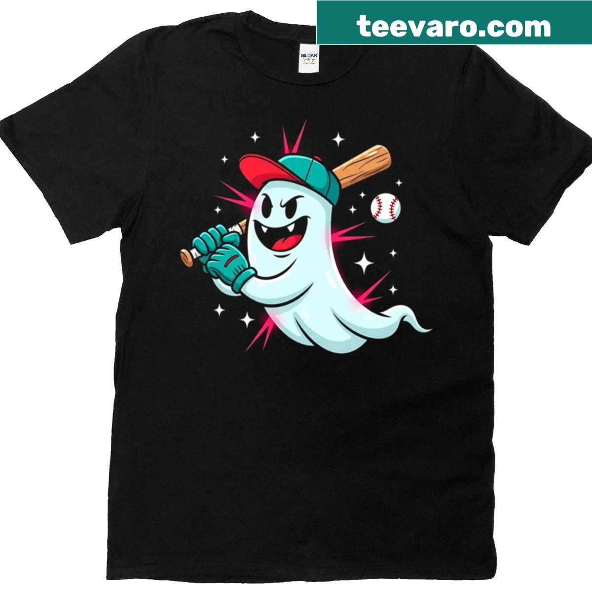 Cartoon Halloween T-shirt with funny baseball ghost graphic — on a men's t-shirt