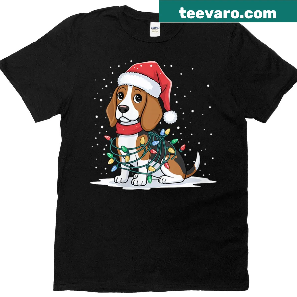 Cartoon Christmas T-shirt with beagle wrapped in lights — on a men's t-shirt