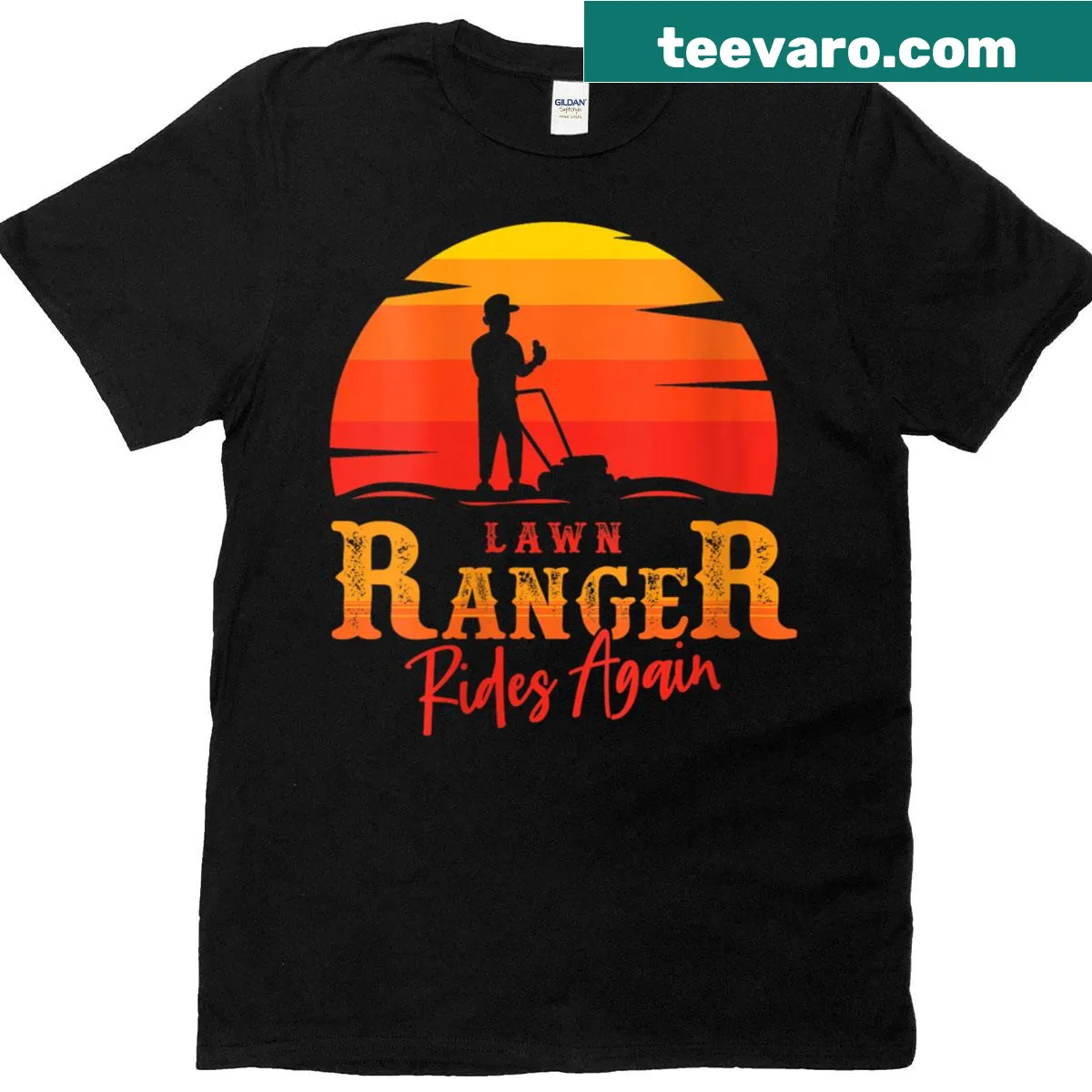 Father's Day gardening design with lawn tools and whimsical scene — on a men's t-shirt