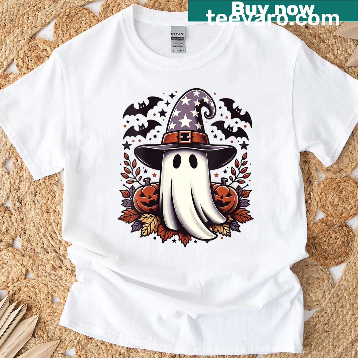Cartoon ghost Halloween T-shirt designed for women — on a men's t-shirt