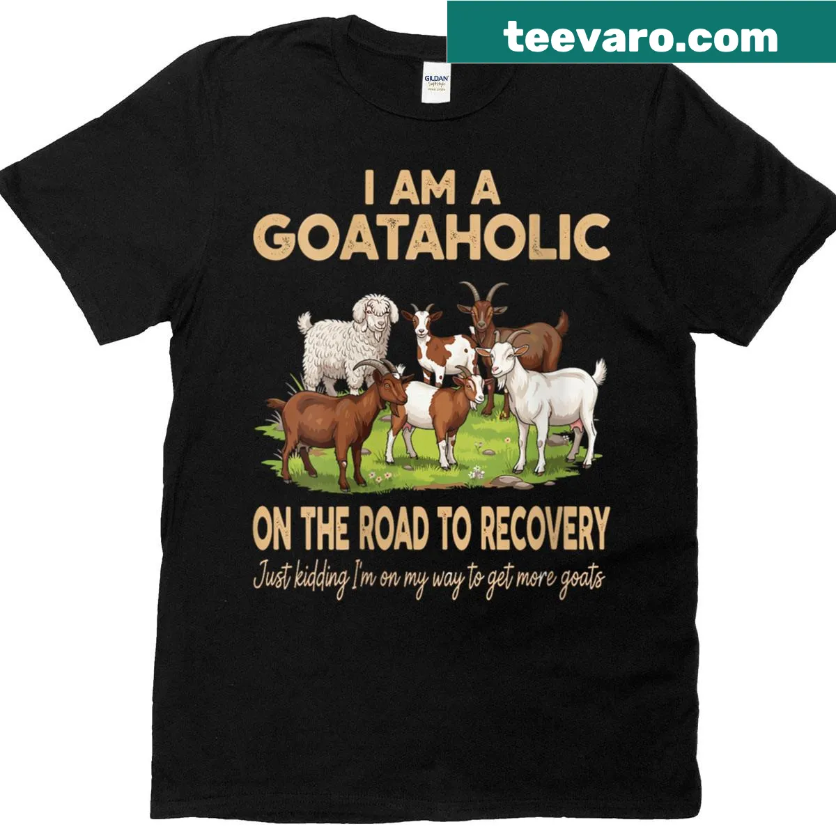 Funny Goataholic T-shirt with humorous saying — on a men's t-shirt