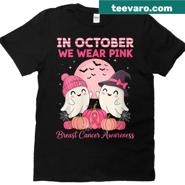 Breast Cancer Awareness t-shirt with ghosts and witches saying October We Wear Pink