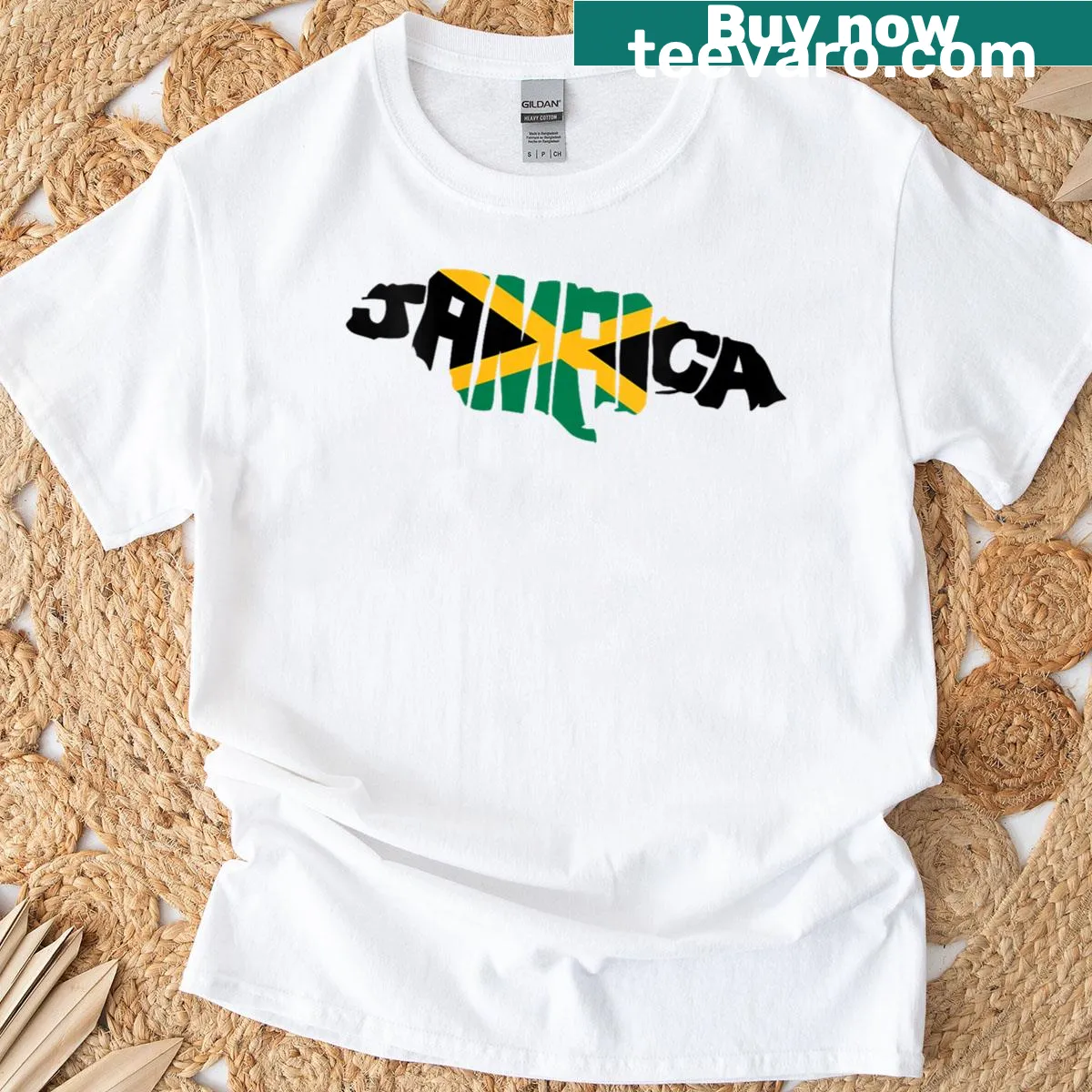 Illustrative T-shirt with Jamaica flag over map design — on a men's t-shirt