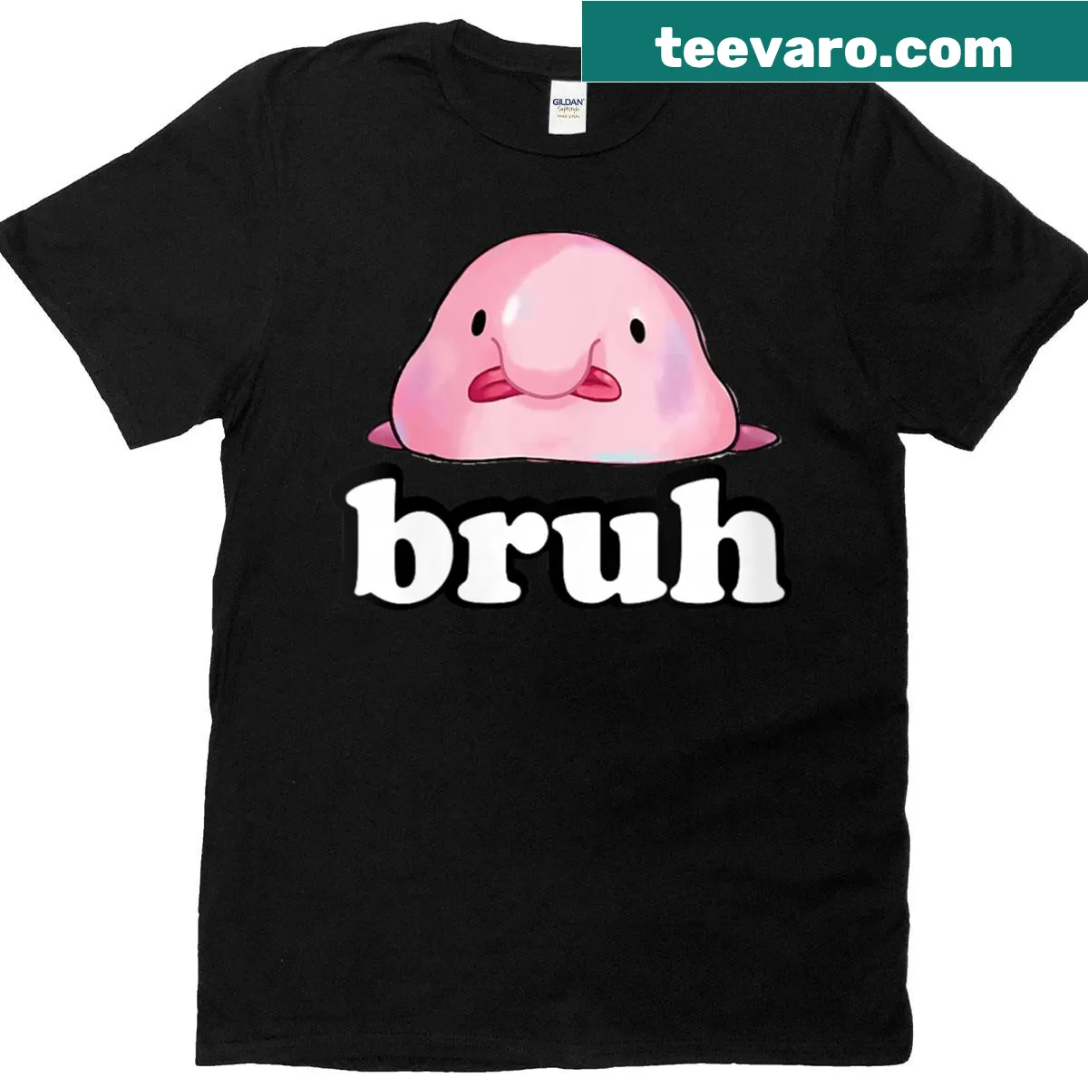 Cartoon blobfish and 'Bruh' text humorous t-shirt — on a men's t-shirt
