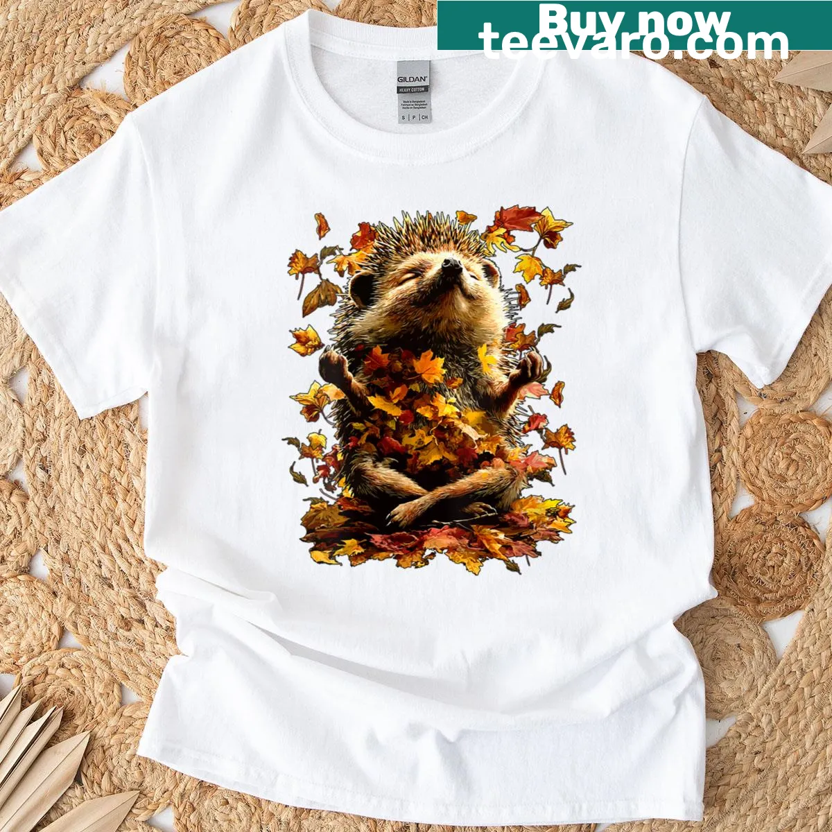 Illustration of a hedgehog meditating among autumn leaves on a T-shirt — on a men's t-shirt