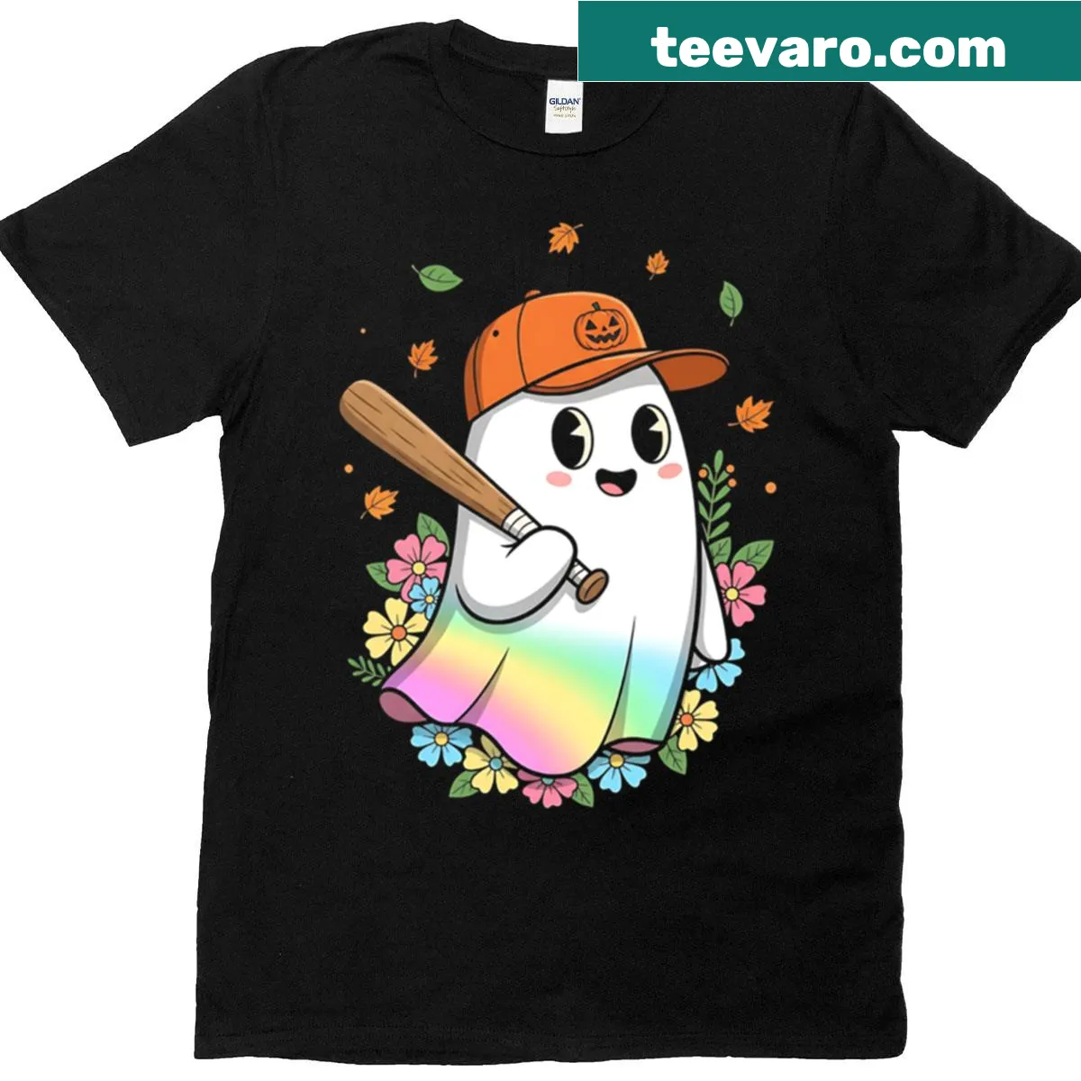 Retro floral Halloween T-shirt with spooky baseball ghost graphic — on a men's t-shirt