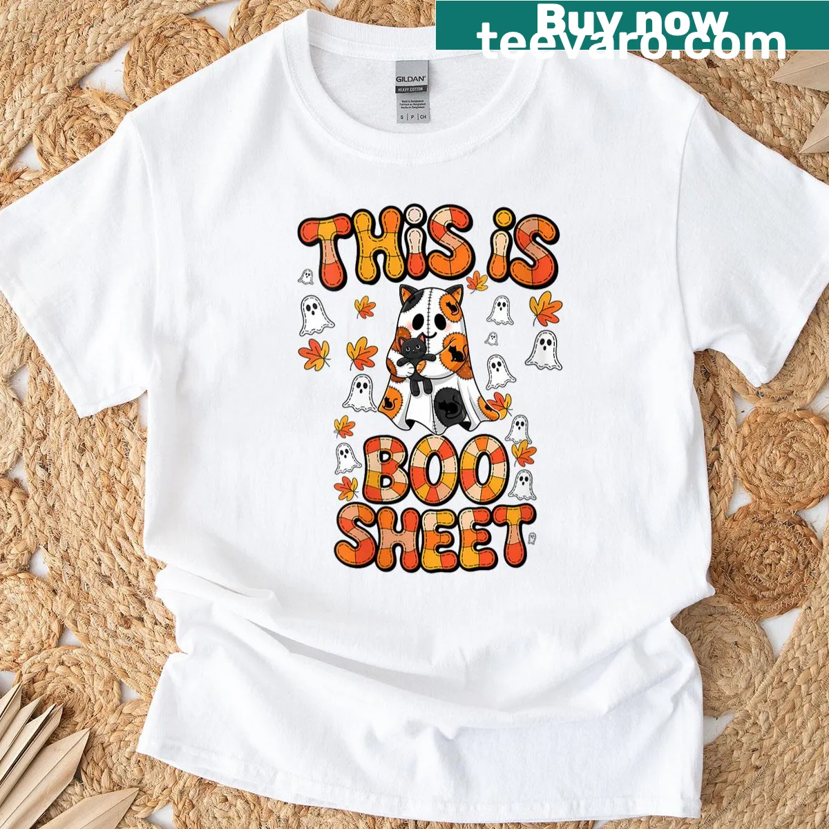 Funny T-shirt with a cat ghost and the phrase 'This Is Boo Sheet' — on a men's t-shirt