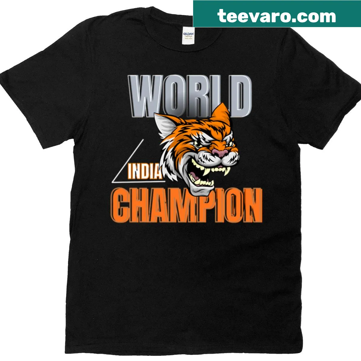 Illustrated tiger graphic with text 'World India Champion' — on a men's t-shirt