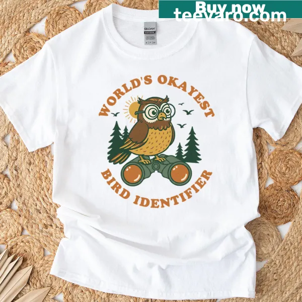 T-shirt with 'World's Okayest Bird Identifier' text and wildlife graphics