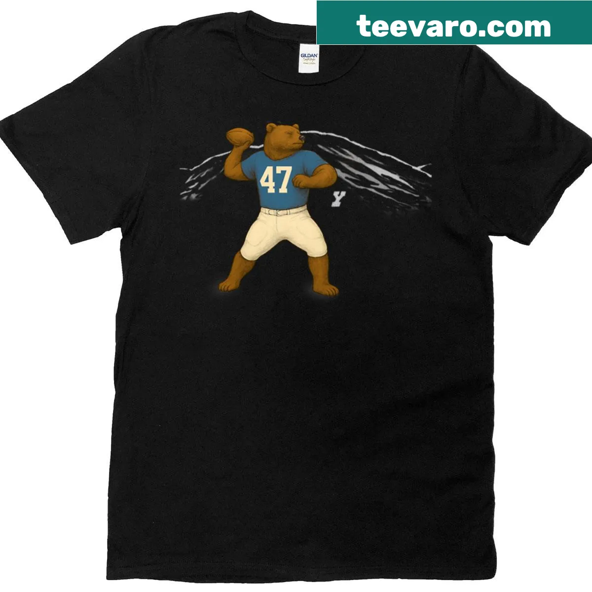 Playful Quarterbear parody illustration on a football t-shirt — on a men's t-shirt