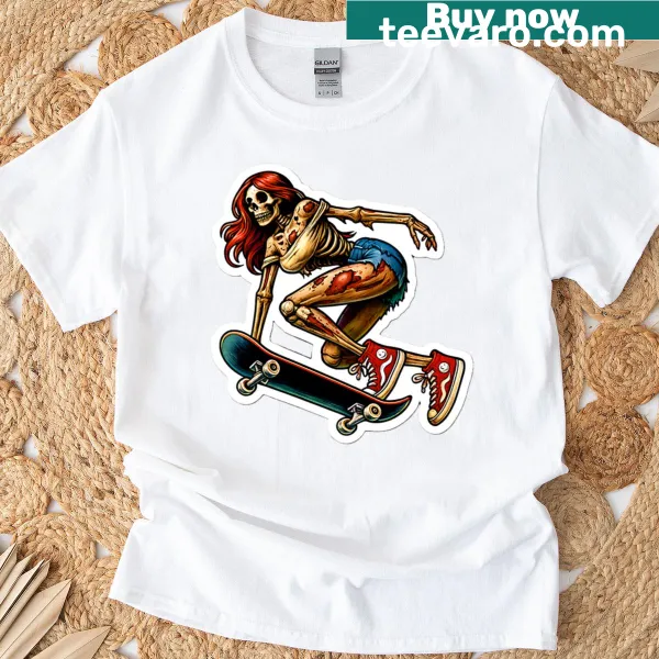 Zombie skater girl graphic on a punk art T-shirt