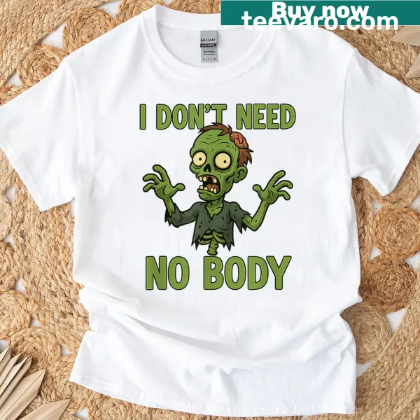 Funny Halloween T-shirt with cartoon zombie and text