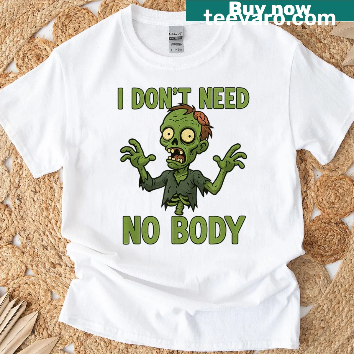 Funny Halloween T-shirt with cartoon zombie and text — on a men's t-shirt